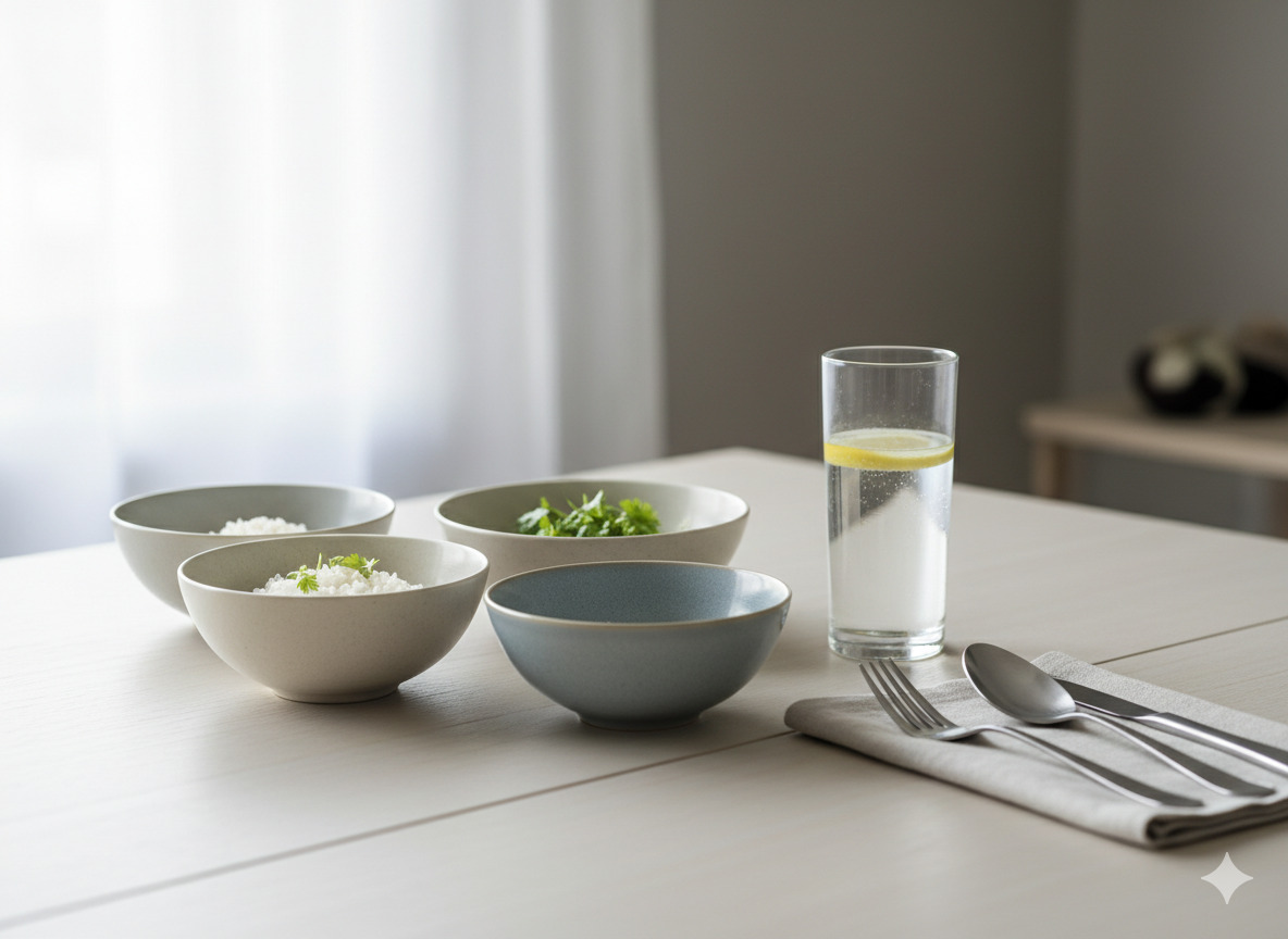 Kattaus vaalealla pöydällä: kulhoja, lasi ja aterimet rauhallisessa valossa