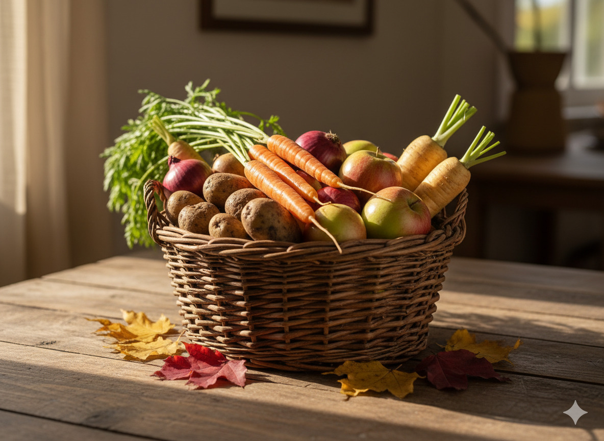 Kori täynnä juureksia ja omenoita syksyisellä pöydällä